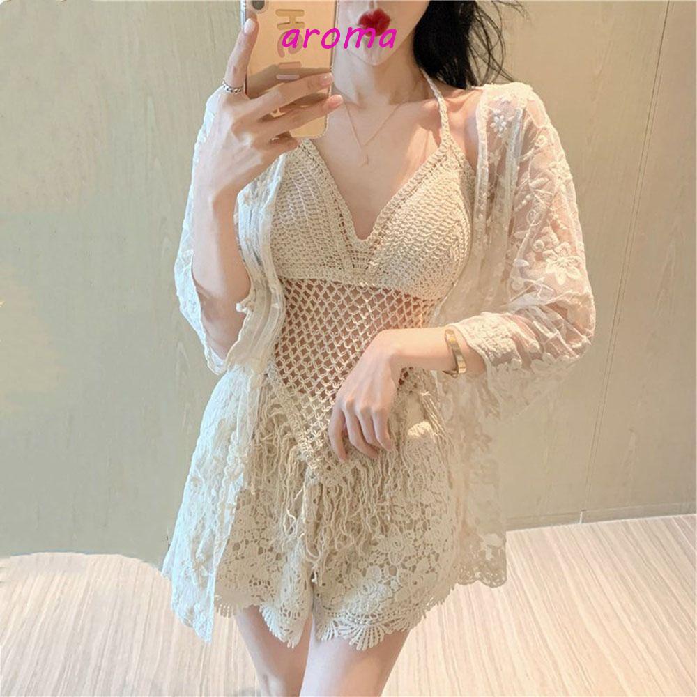 AROMA Áo Lót Croptop Dệt Kim Hở Lưng Có Đệm Ngực Thời Trang Đi Biển Cho Nữ