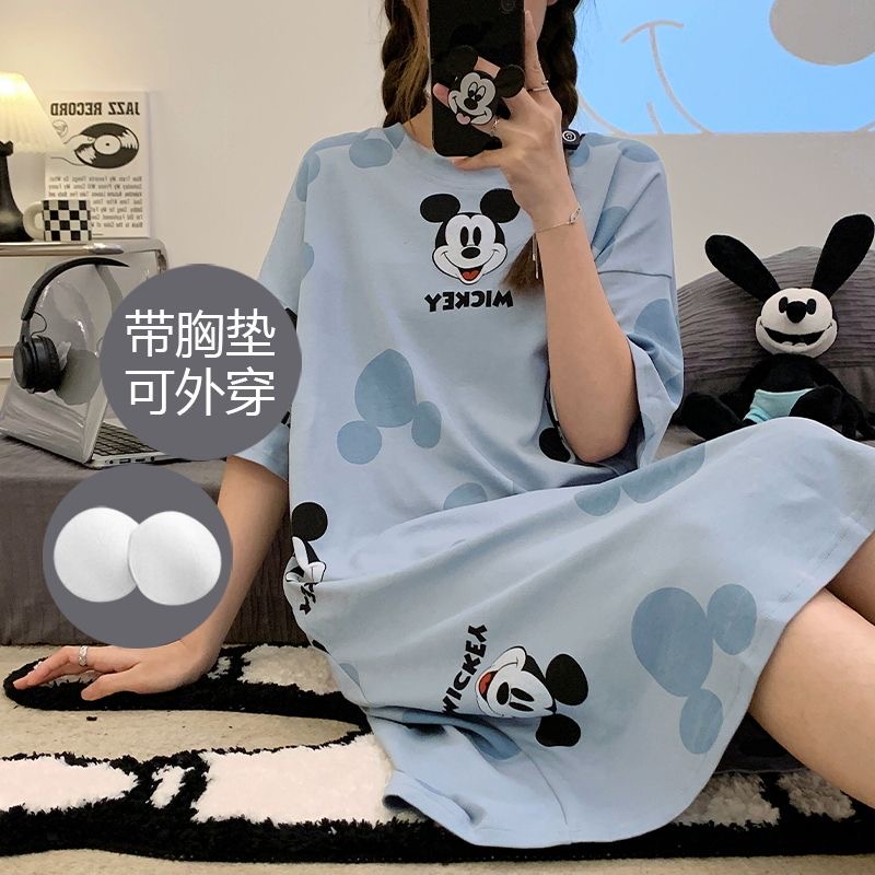 Đầm Ngủ Tay Ngắn Dáng Rộng Có Mút Đệm Ngực In Hoạt Hình Mickey Cỡ M-4XL Thời Trang Xinh Xắn Cho Nữ