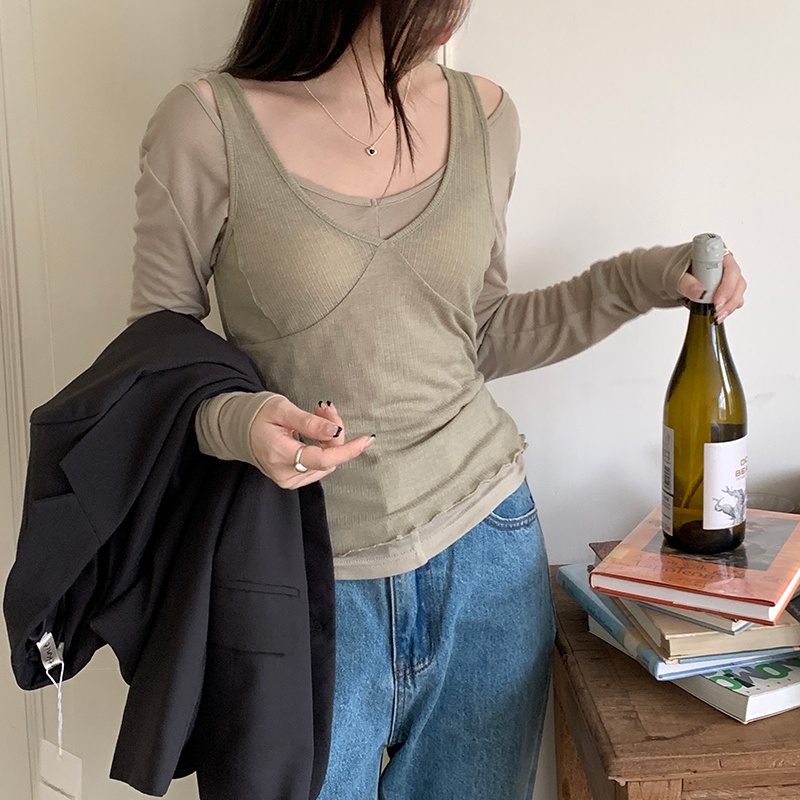 SUXI Áo Thun Tay Dài Cổ Chữ V Dáng Ôm Phong Cách Hàn Quốc Thời Trang Mùa Hè