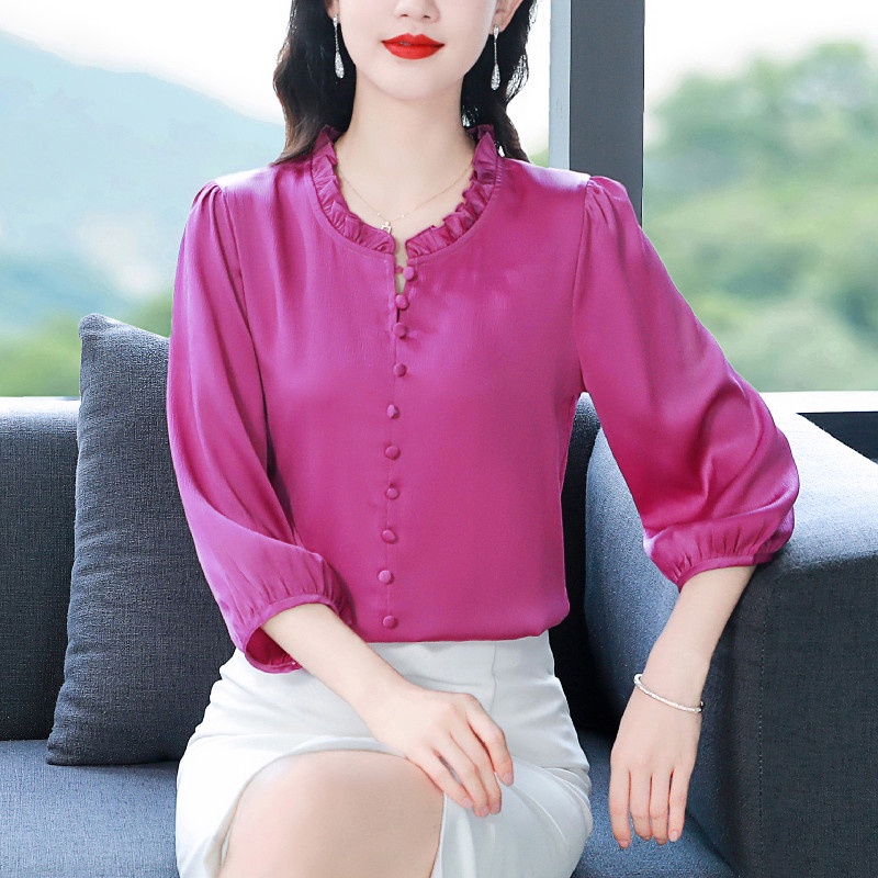 Multiplication real shot real silk shirt phong cách mới retro hương vị hồng kông sang trọng mulberry silk top ladies all-match áo sơ mi nhỏ che bụng ff