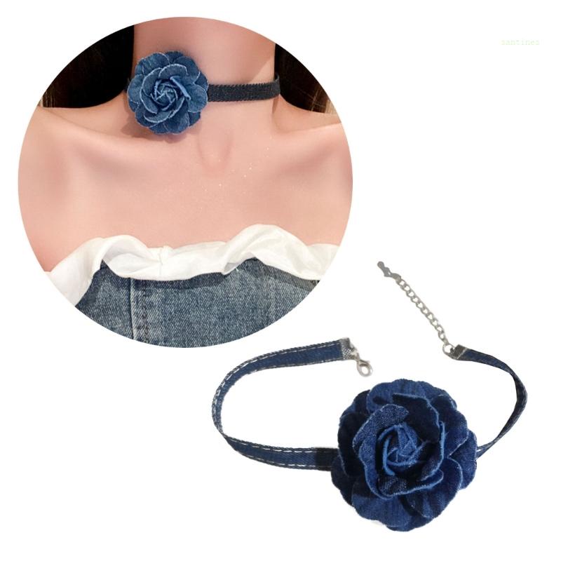 Vòng Cổ Choker Vải Denim Bản Rộng Họa Tiết Hoa Phong Cách Cổ Điển