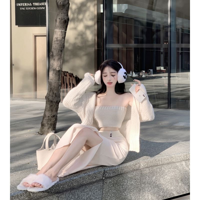 Áo Khoác Cardigan Dệt Kim Mềm Mại Dài Tay Dáng Rộng Phối Chân Váy Xẻ Tà Thời Trang Mùa Thu Cho Nữ