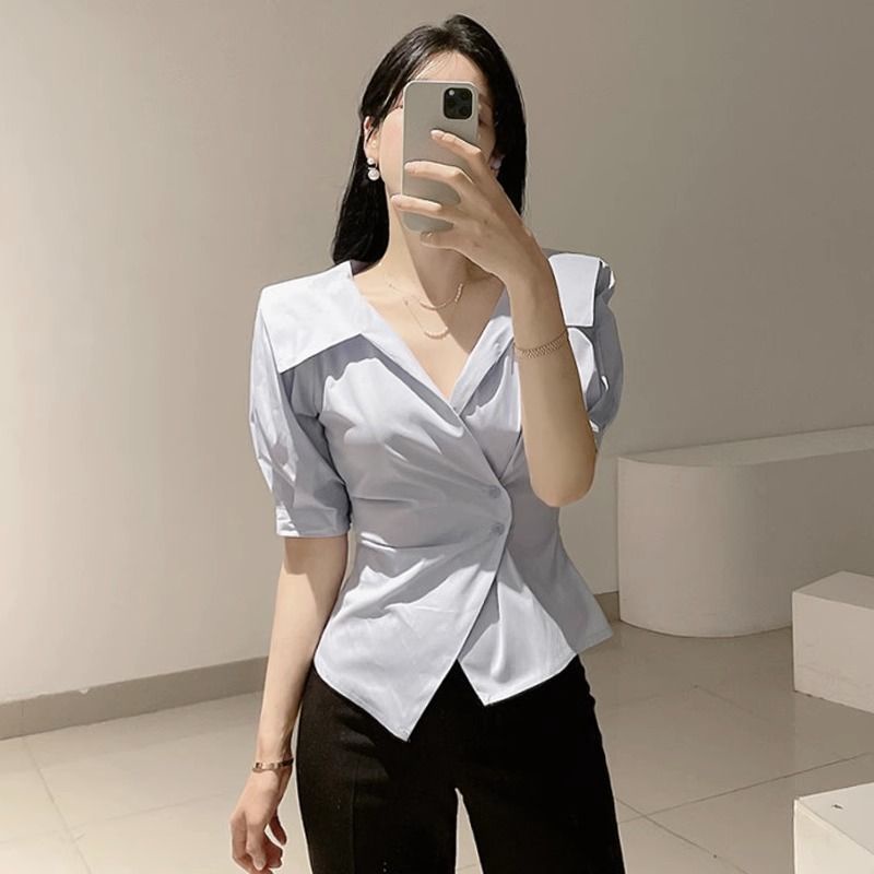 Áo Sơ Mi Tay Phồng Màu Sắc Trơn Thiết Kế Bất Đối Xứng Phong Cách Pháp Thời Trang Cho Nữ