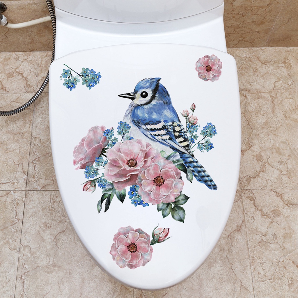 Miếng Dán Trang Trí Toilet Bằng PVC Chống Thấm Nước Họa Tiết Hoa Và Chim Vẽ Tay