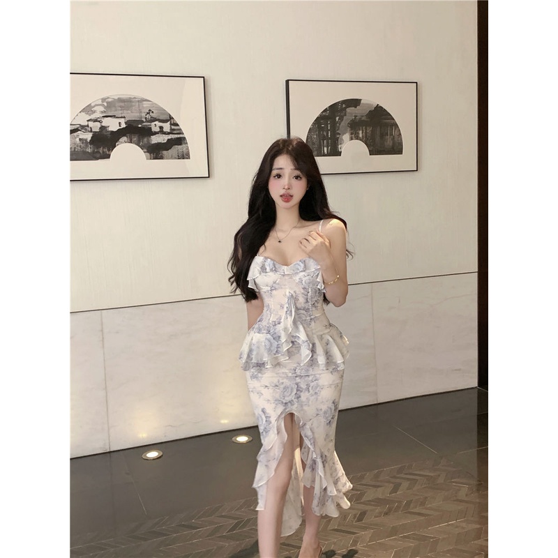Đầm Voan Hoa Hai Dây Xẻ Tà Ôm Eo Thời Trang Mùa Hè Cho Nữ X