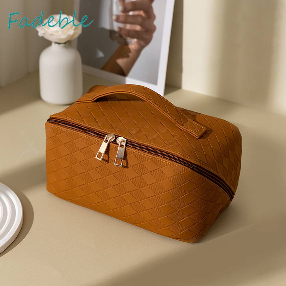 Túi Đựng Mỹ Phẩm Bằng PU Sức Chứa Lớn Họa Tiết Sọc Caro Tiện Dụng Cho Nữ