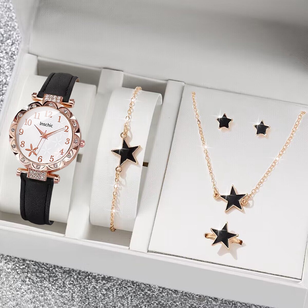 Đồng hồ đeo tay nữ hoa thời trang Dây da thông thường Đồng hồ thạch anh Bộ quà tặng trang sức | BigBuy360 - bigbuy360.vn