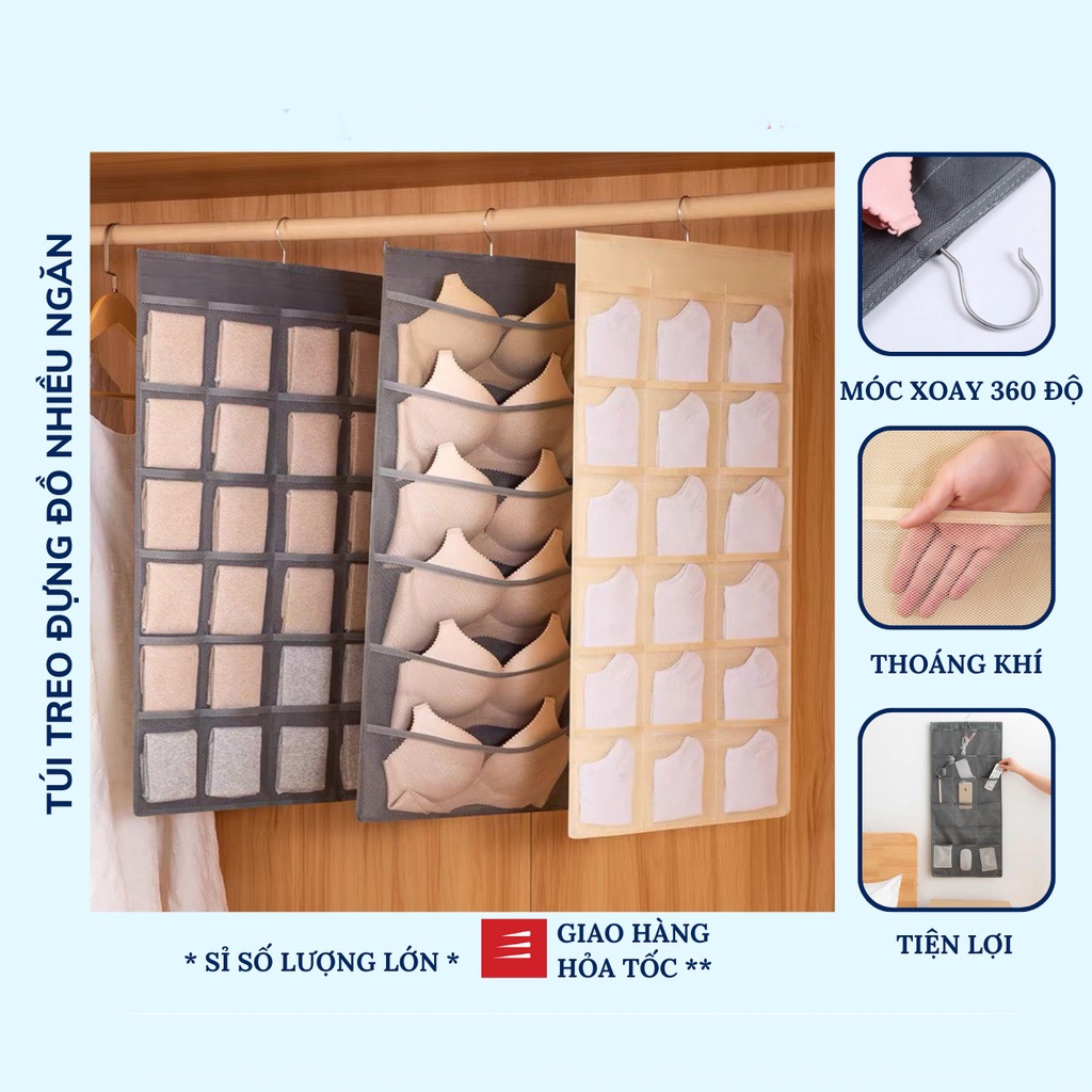 Túi Treo Đựng Đồ Lót Quần Áo Lót Tất Vớ Đồ Dùng 2 Mặt 30 Ngăn Có Móc Treo