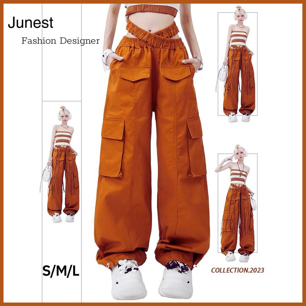 quần ống rộng nữ Junest kaki túi hộp cạp chun xoắn eo QKKCC