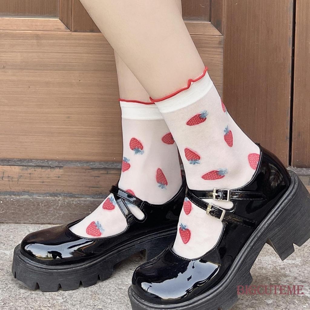 Vớ Lưới Dài Tới Mắt Cá Chân In Họa Tiết Dâu Tây Thoáng Khí Phong Cách Lolita Mặc Hàng Ngày Cho Nữ