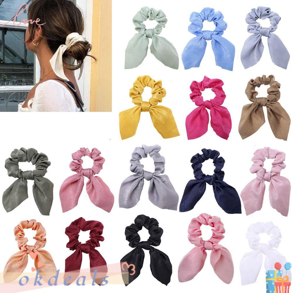 OKDEALS Set 5 Dây Cột Tóc Thắt Nơ Màu Trơn Co Giãn Cho Nữ