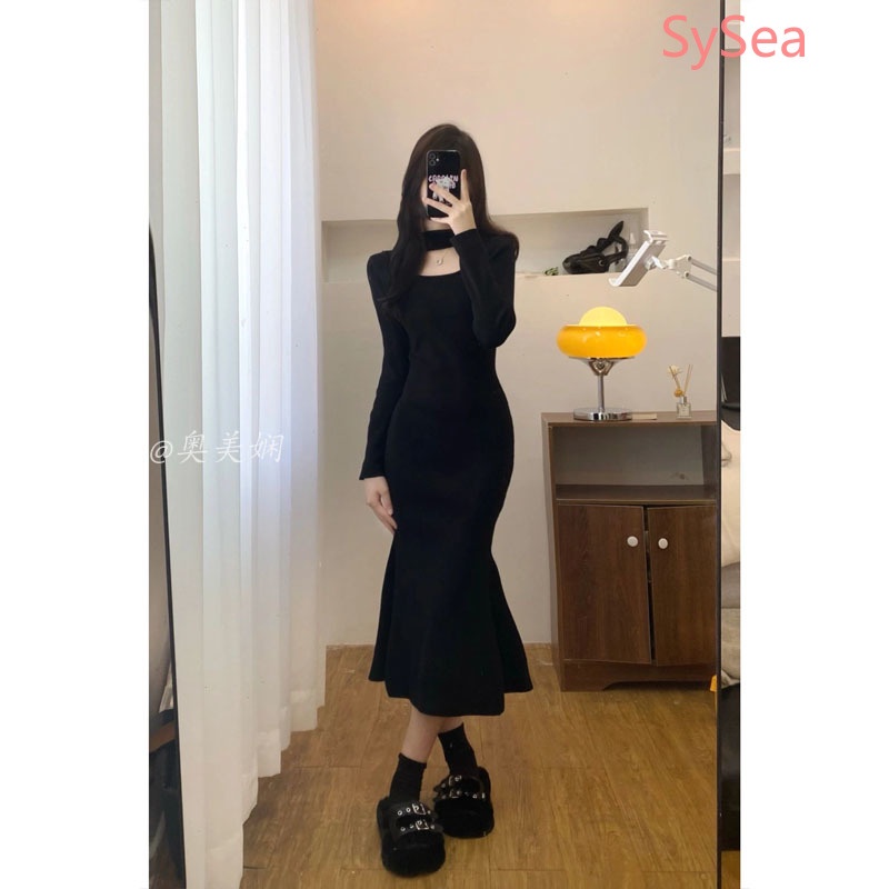 Đầm Đuôi Cá Dệt Kim Tay Dài Dáng Ôm Thời Trang Thanh Lịch Cho Nữ