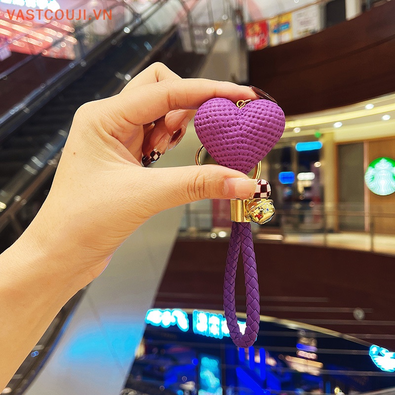 Móc Khóa Dây Da Bện Thủ Công Mặt Trái Tim Trang Trí