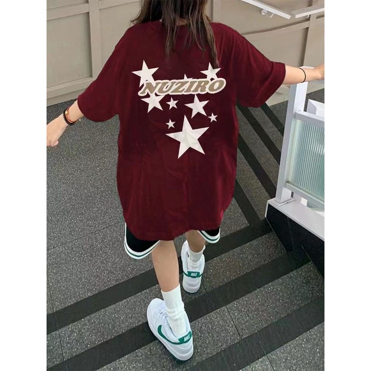 Áo Thun Nữ Ngắn Tay In Chữ Burgundy Và Ngôi Sao Thời Trang