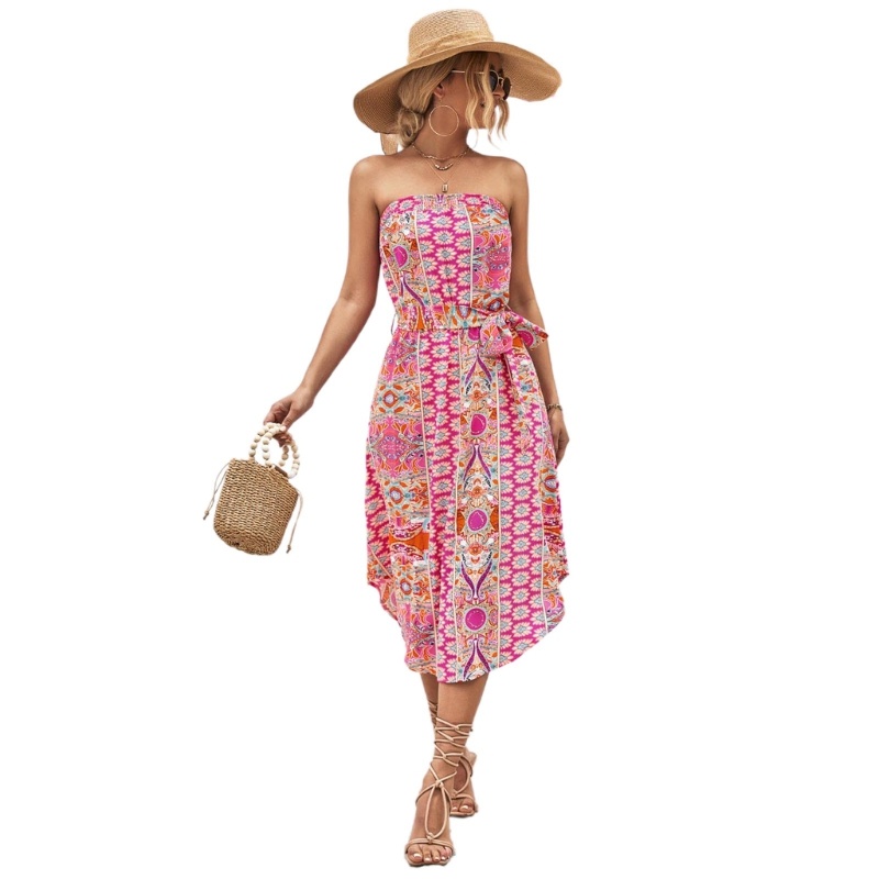 Đầm Midi Không Dây In Hoa Có Thắt Lưng Thời Trang Mùa Hè Dành Cho Nữ