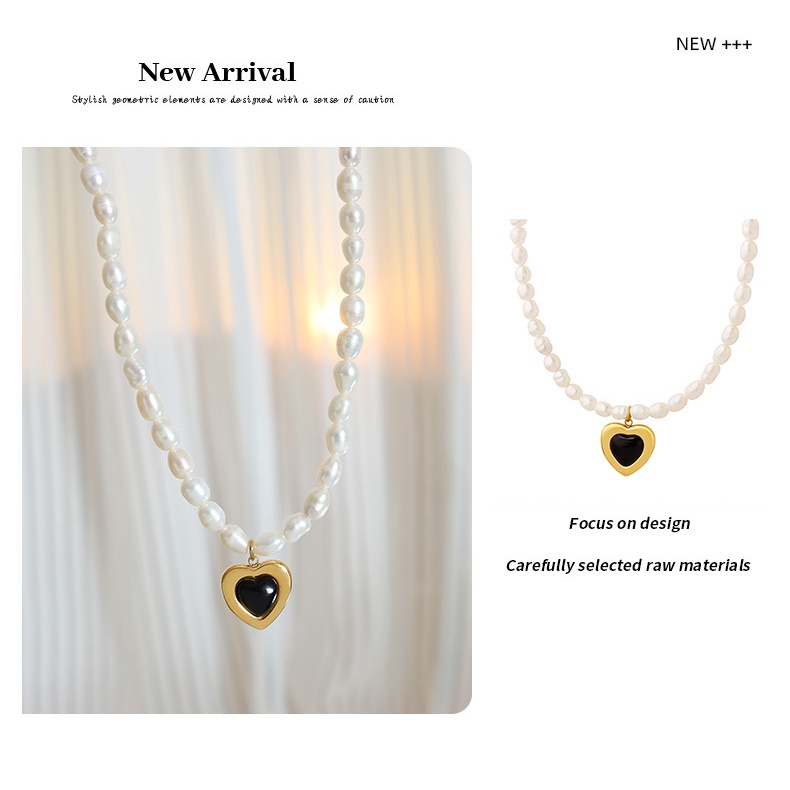 Vòng cổ Thép Titan Mặt Kính Hình Oval Đính Ngọc Trai Giả Phong Cách Retro Pháp