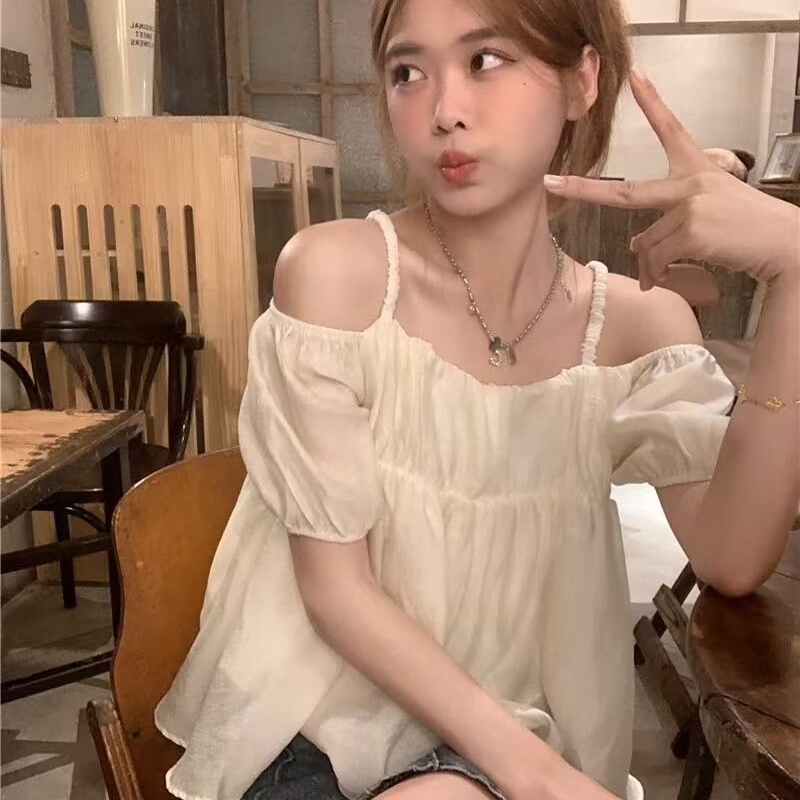 Áo Sơ Mi chiffon Tay Ngắn Hở Vai Dáng Rộng Phong Cách Nhật Bản Dành Cho Nữ