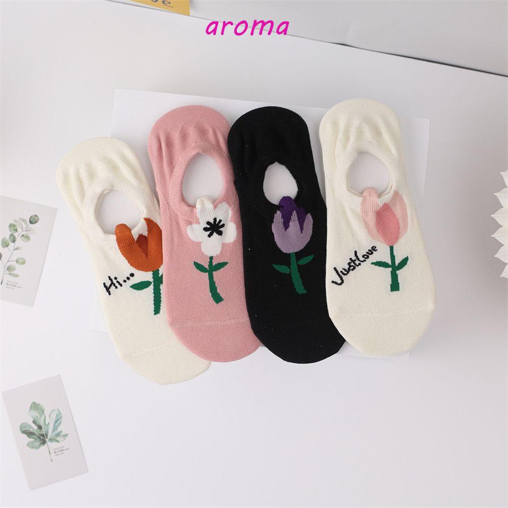 AROMA Đôi Vớ Cotton Thoải Mái Trang Trí Hoa Tulip Thời Trang Cho Nữ