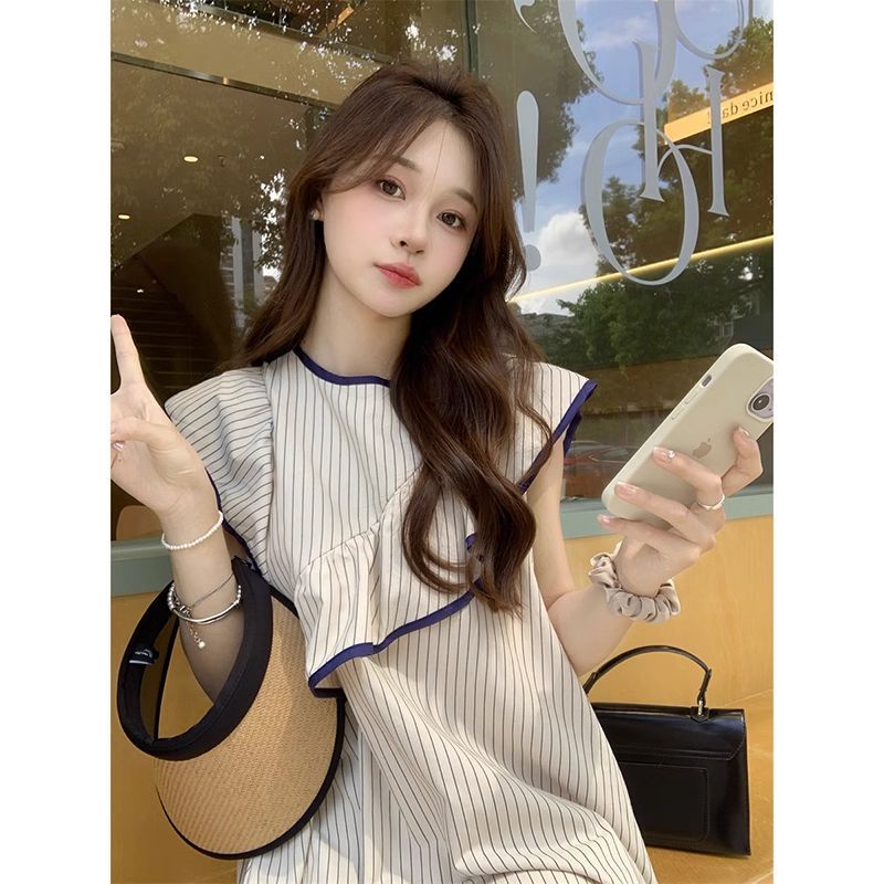 Đầm Không Tay Nhún Bèo Họa Tiết Kẻ Sọc Phong Cách Hàn Quốc Cho Nữ