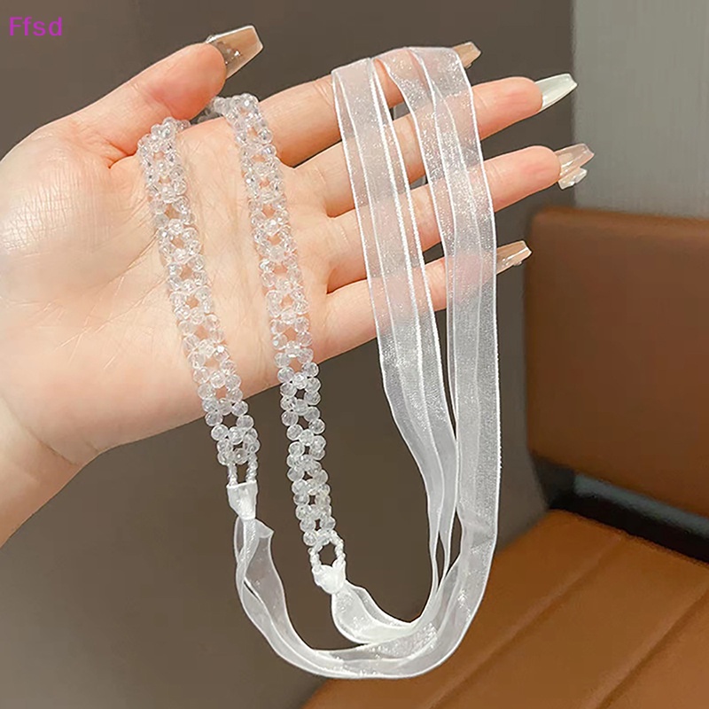 {Ffsd} Vòng Cổ Choker Dây Ruy Băng Dài Đính Hạt Ngọc Trai Pha Lê Ngọt Ngào Lãng Mạn Hàng Bán Chạy *