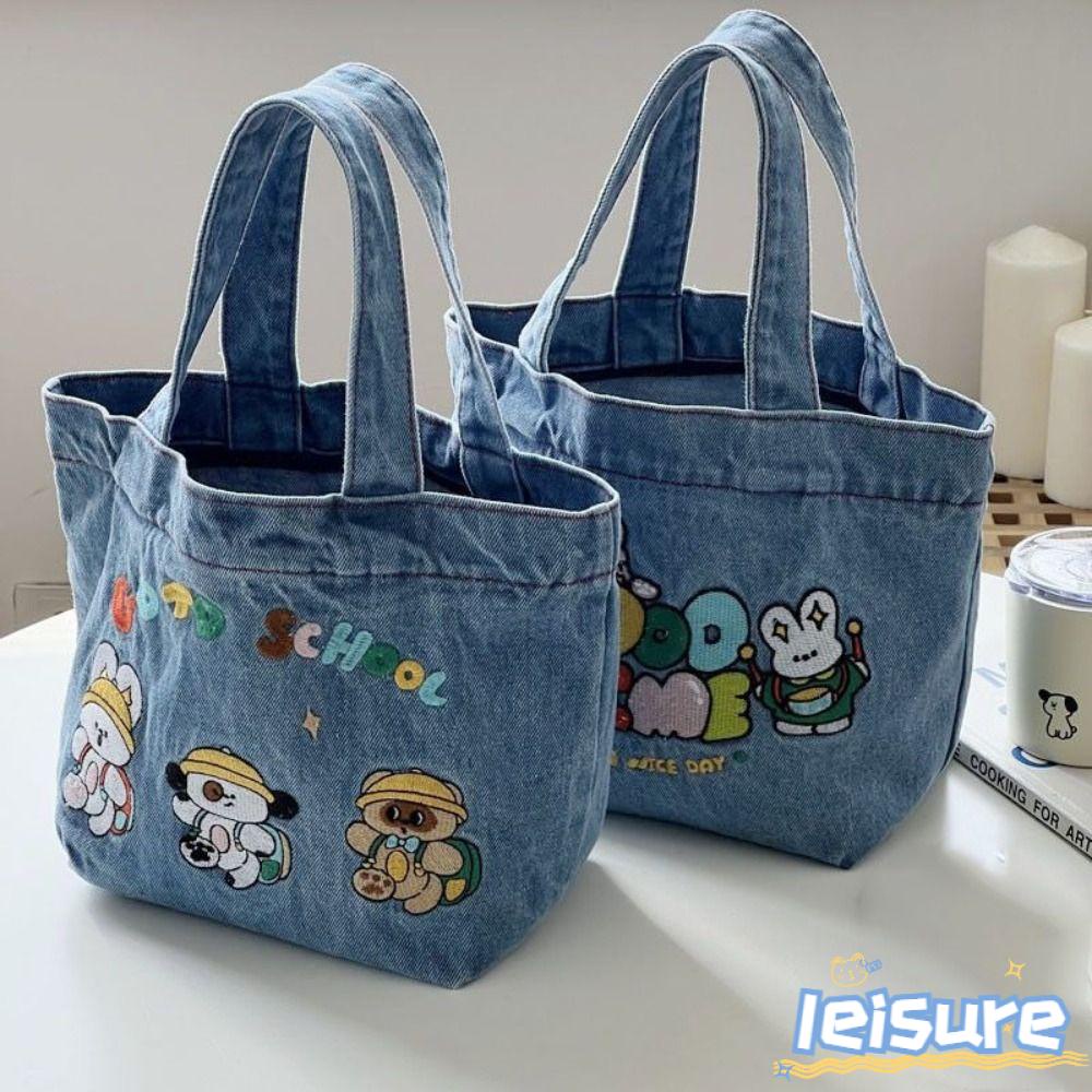 LEISURE Túi Đựng Hộp Cơm Trưa / Đi Học / Dã Ngoại Cỡ Lớn Thêu Họa Tiết Hoạt Hình Chất Liệu Denim Tiện Dụng