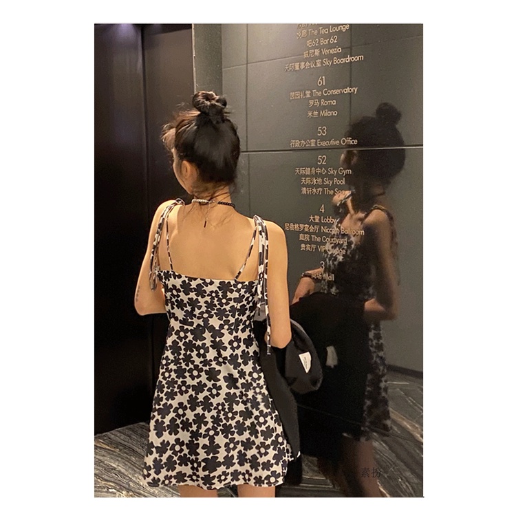 Đầm mini Hai Dây Hở Lưng Màu Đen Họa Tiết Hoa Phong Cách Hàn Quốc Thời Trang Mùa Hè Quyến Rũ Cho Nữ