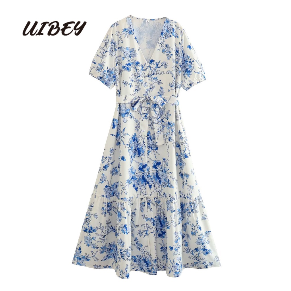 Uibey Đầm Cổ Chữ V Nhấn Eo In Họa Tiết Thời Trang 4221