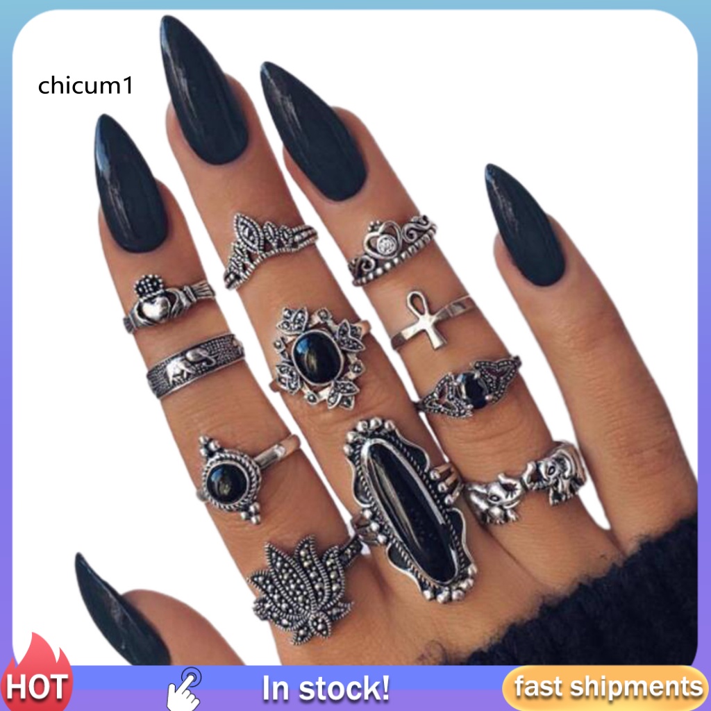 Set 11 / 13 / 15 Nhẫn Đeo Khớp Ngón Tay Màu Đen Phong Cách Bohemia