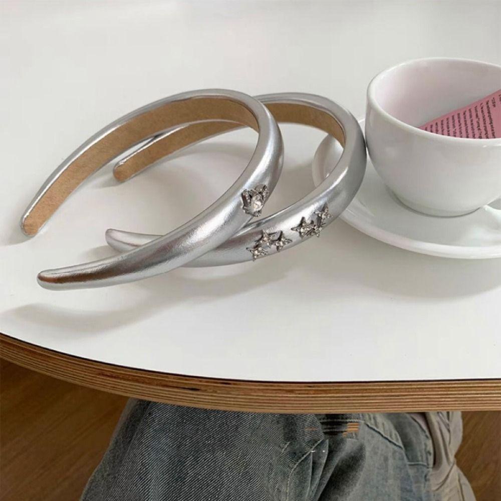 ANEMONE Băng Đô Cài Tóc Bằng Da PU Màu Bạc Họa Tiết Hành Tinh Ngọt Ngào Phong Cách Hàn Quốc Cho Nữ