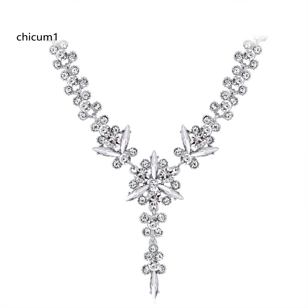 Set 1 Bộ Vòng cổ + Bông Tai Mạ Điện Đính Đá Hình Hoa Có Thể Điều Chỉnh Kích Thước Dành Cho Cô Dâu CC 1