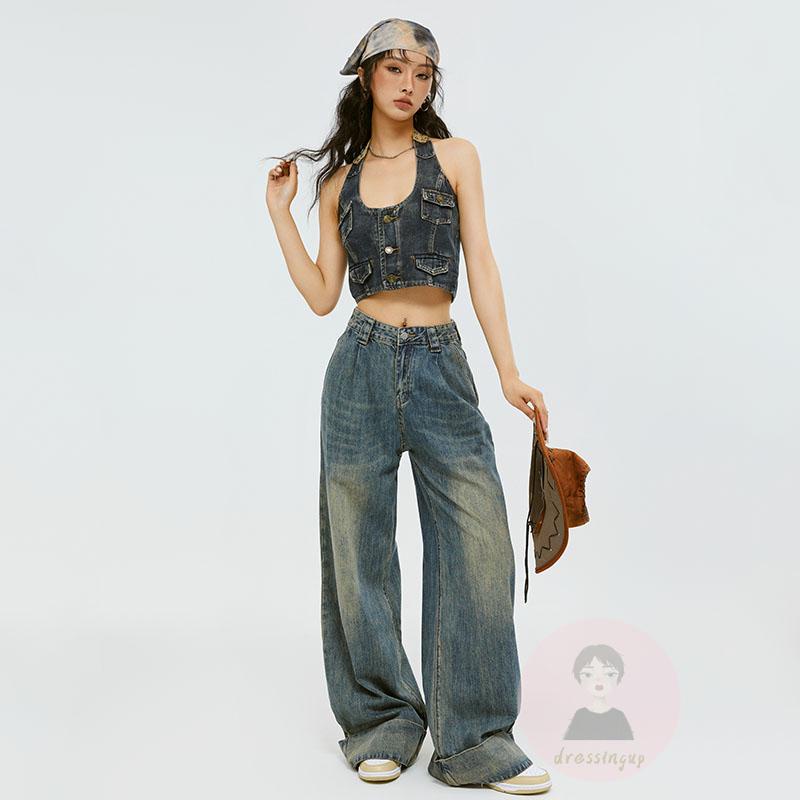 Áo Denim Sát Nách Hở Lưng Cài Nút Phong Cách Retro Thời Trang Mùa Hè Cho Nữ