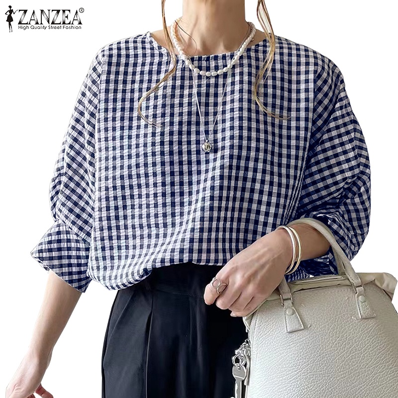 ZANZEA Áo Cánh Dơi 3 / 4 Hở Lưng Họa Tiết Sọc Caro Thời Trang Cho Nữ