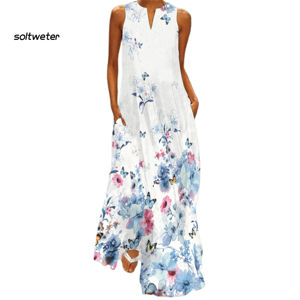 Đầm Maxi Sát Nách Cổ Chữ V Dáng Rộng In Họa Tiết Kỹ Thuật Số Thời Trang Mùa Hè Cho