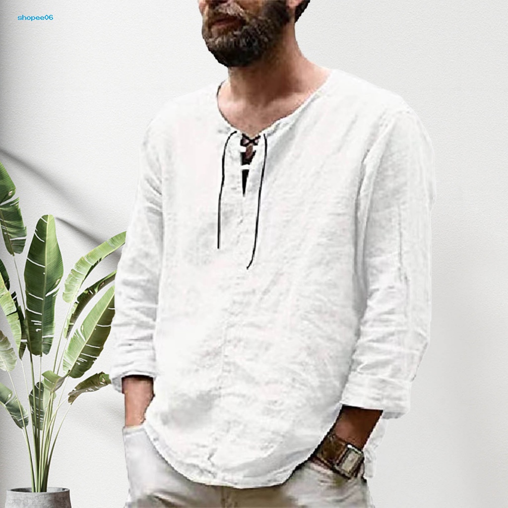 Áo Thun Tay Dài Cổ Tròn Dáng Rộng Màu Trơn Phối Dây Rút Phong Cách Vintage Thời Trang Mùa Hè Cho Nam