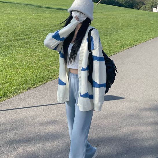 Áo Khoác Cardigan Dáng Rộng Họa Tiết Kẻ Sọc Thời Trang Cho Nữ
