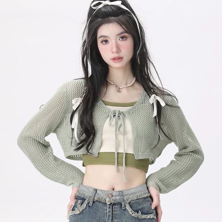 Bộ Áo Khoác Cardigan Dệt Kim Chống Nắng Màu Xanh Lá Khoét Lỗ Gợi Cảm Thời Trang Mùa Hè Cho Nữ