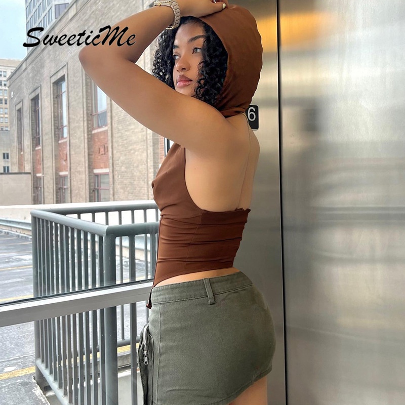 Áo Hoodie Không Tay Hở Lưng Dáng Ôm Màu Trơn Thời Trang Mới 2023 Dành Cho Bạn Nữ