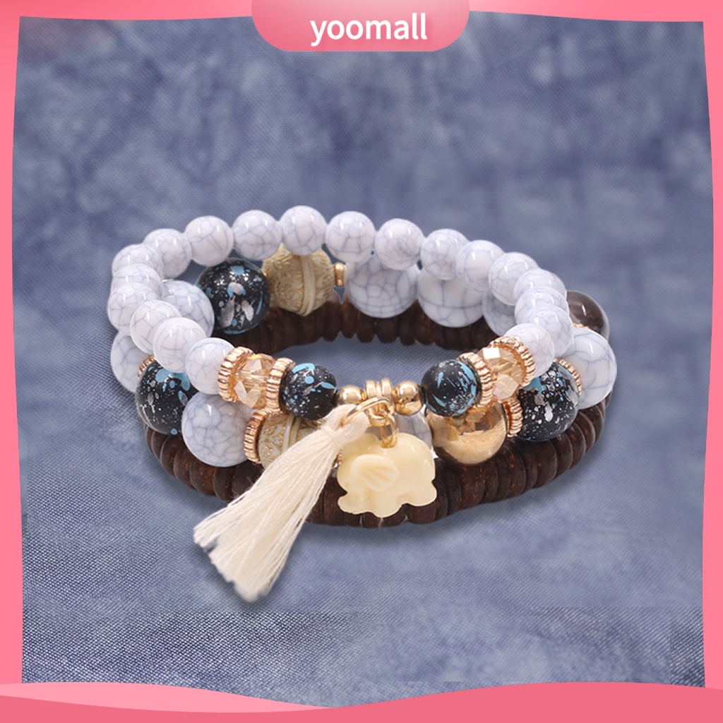 Bộ 3 Vòng Tay Chuỗi Hạt Gỗ Và Tua Rua Thời Trang