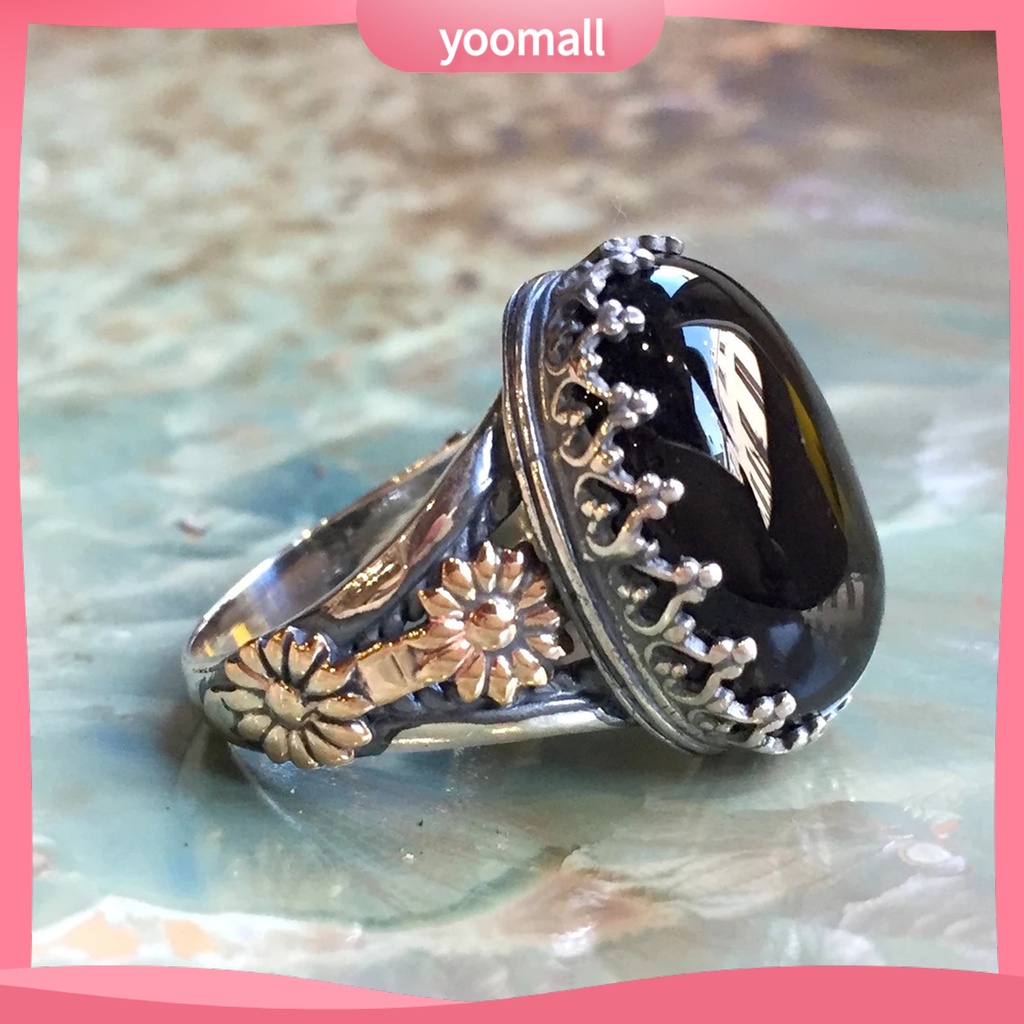 Nhẫn Unisex Bản Rộng Khắc Họa Tiết Hoa Đính Đá Nhân Tạo Phong Cách Rock