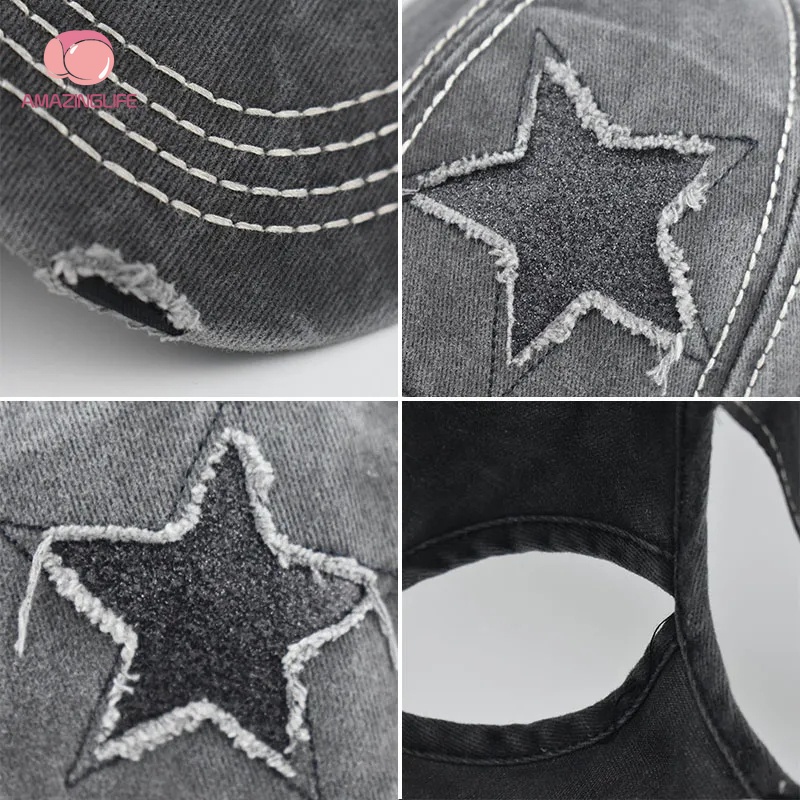 Mũ Lưỡi Trai Denim Đính Lỗ Đuôi Ngựa / Y2K Phong Cách Cổ Điển Có Thể Điều Chỉnh Kích Cỡ