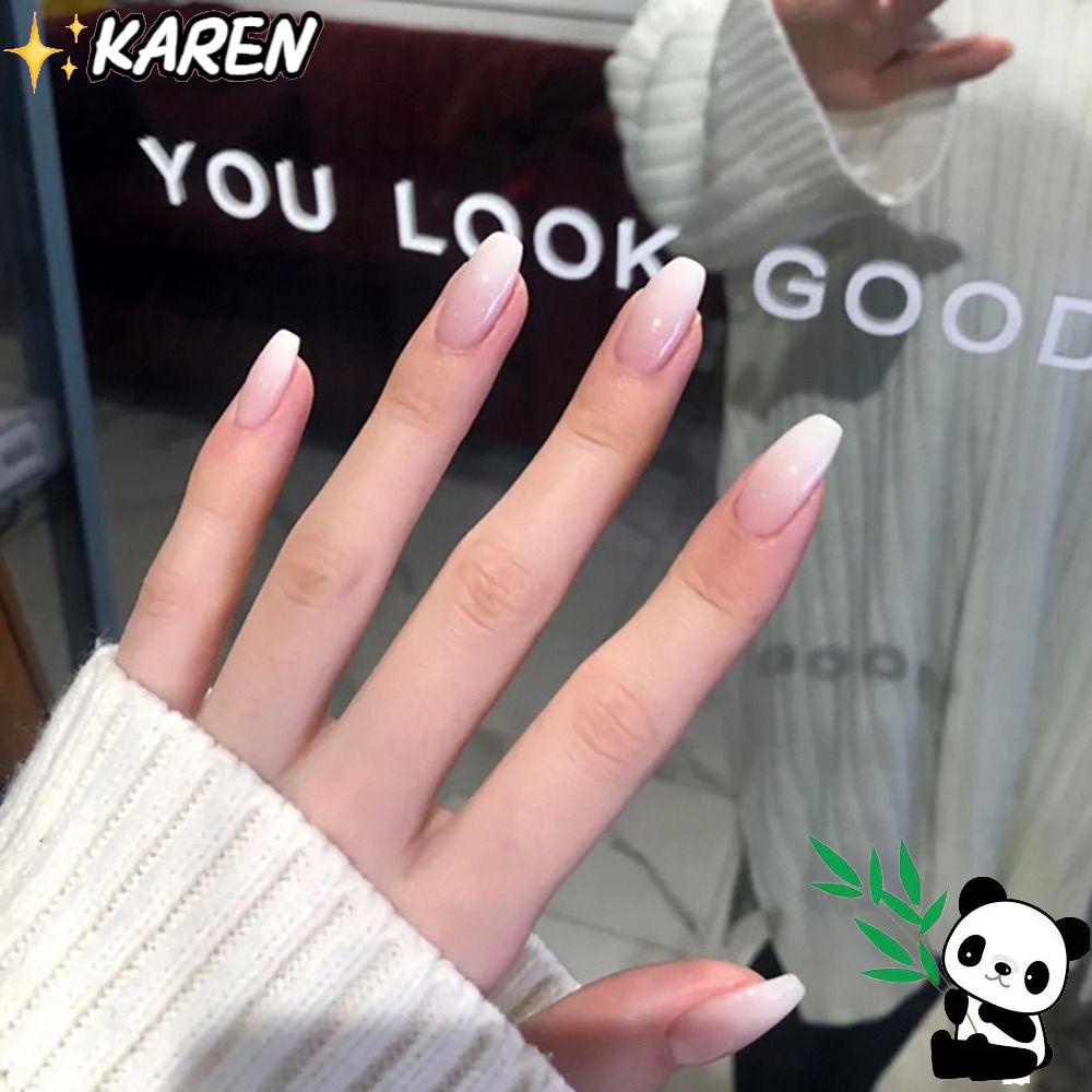 KAREN Bộ 24 Móng Tay Giả Màu Trắng Gradient Che Phủ Toàn Diện Có Thể Tái Sử Dụng Cho Nữ