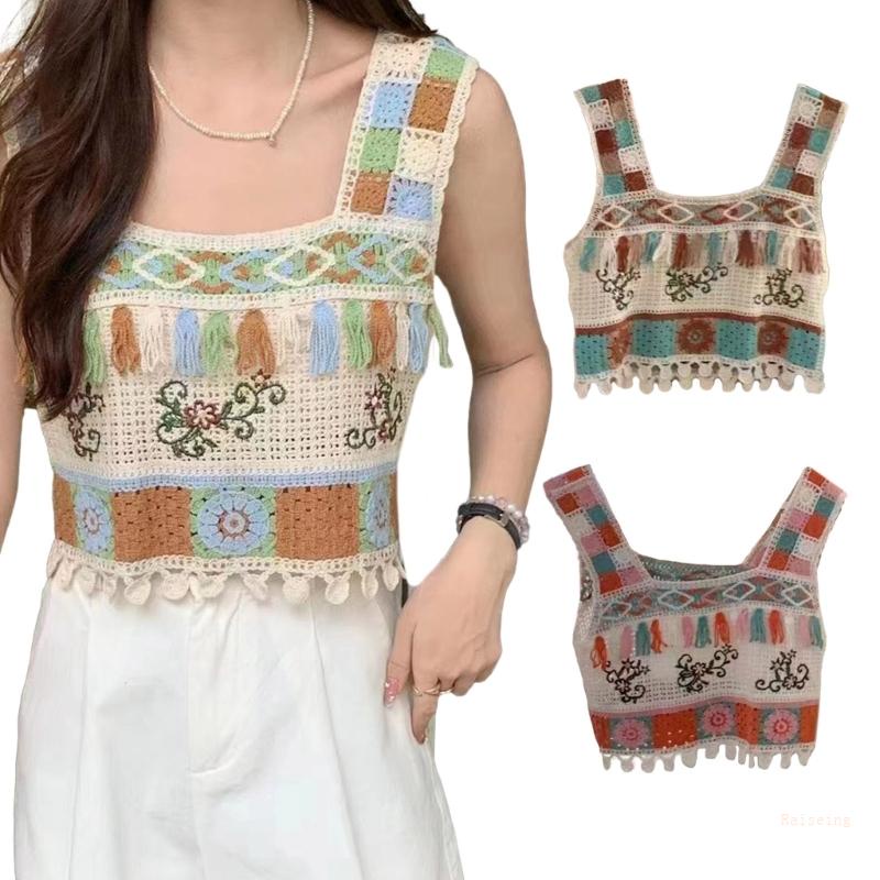 Áo Croptop Dệt Kim Hai Dây Cổ Vuông In Họa Tiết Thổ Cẩm Quyến Rũ Thời Trang Mùa Hè
