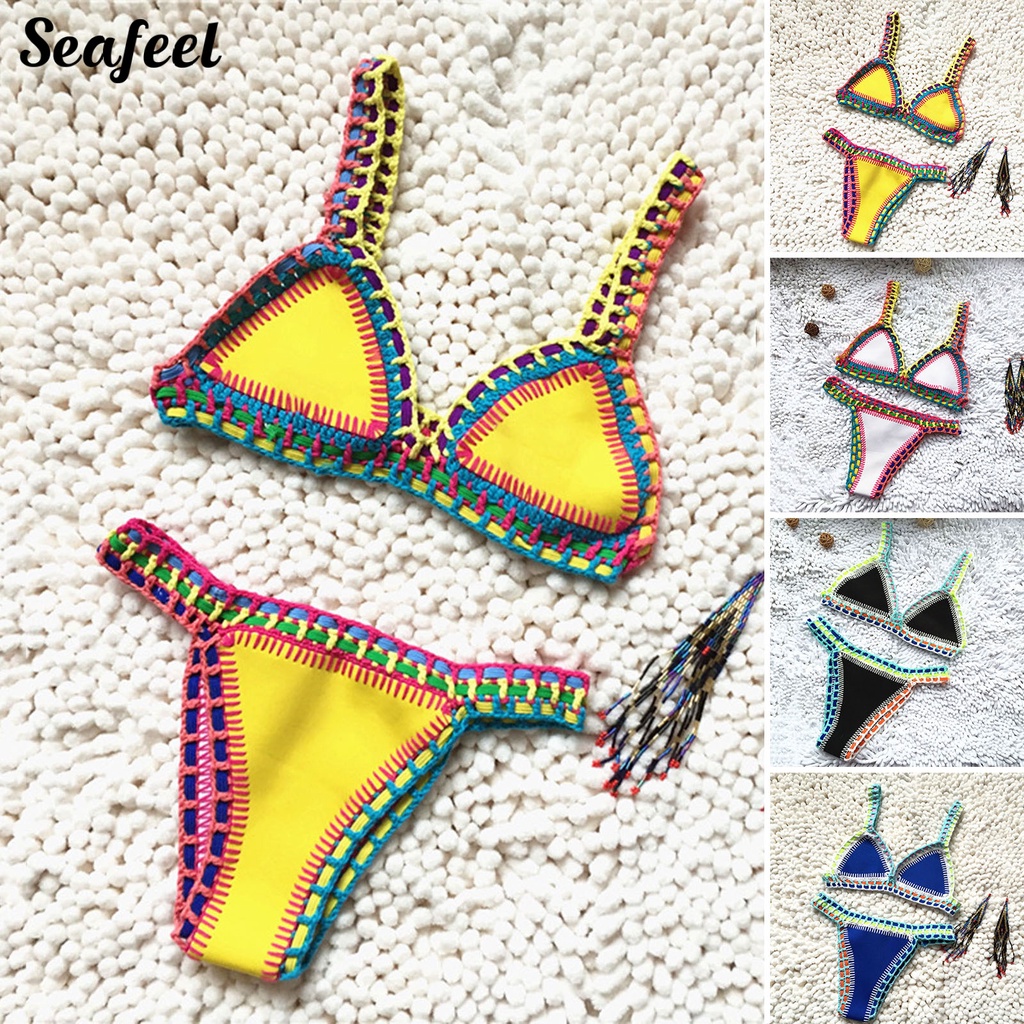 Set 2 Món Đồ Bơi Bikini Đan Móc Thủ Công Màu Sắc Tươi Sáng
