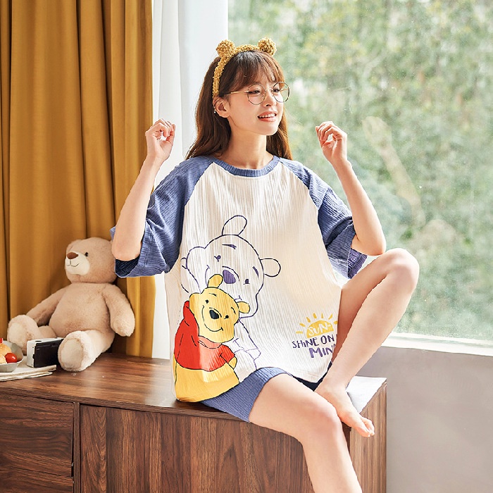 Bộ Đồ Mặc Ở Nhà Ngắn Tay Chất Liệu cotton in Hình Hoạt Hình Dành Cho Nữ