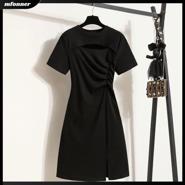 Đầm Thun Tay Ngắn Cổ Tròn Màu Trơn Thiết Kế Khoét Lỗ Thời Trang Dự Tiệc Cho Nữ