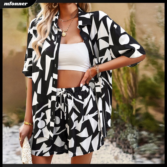 Bộ Trang Phục 2 Mảnh Gồm Áo Sơ Mi Tay Lửng Và Quần Short Họa Tiết Hình Học Thanh Lịch Cho Nữ