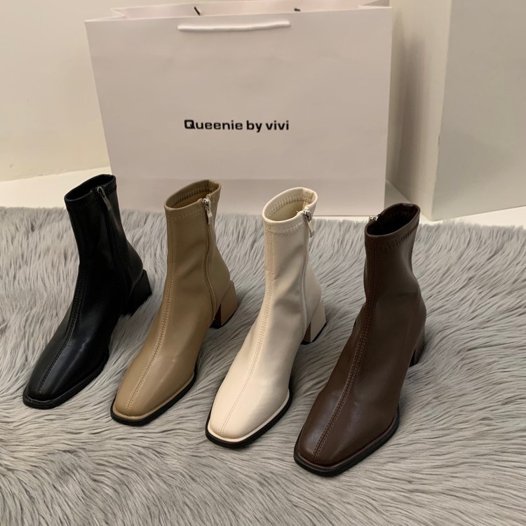 Giày Boot Cao Gót Mũi Vuông Bằng Da PU Có Khóa Kéo Thời Trang Dành Cho Nữ