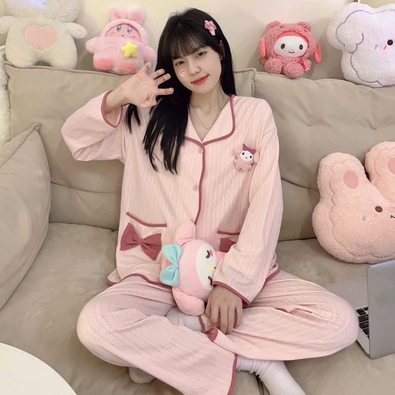 Bộ Đồ Ngủ Tay Dài Đính Nơ Phong Cách Hàn Quốc Thời Trang Xuân Thu Xinh Xắn Cho Nữ