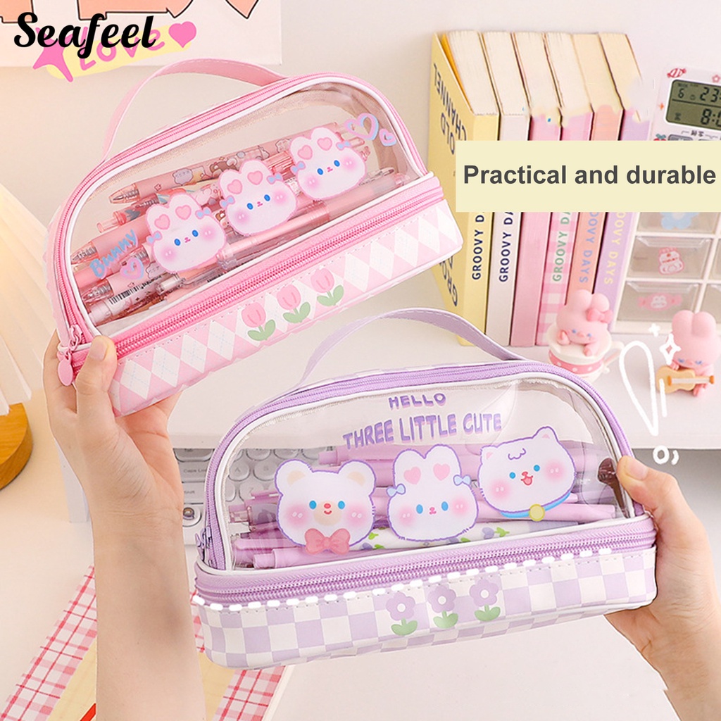Túi Đựng Bút Chì Hai Lớp Trong Suốt Chống Bụi Sức Chứa Lớn In Họa Tiết Gấu Thỏ Hoạt Hình