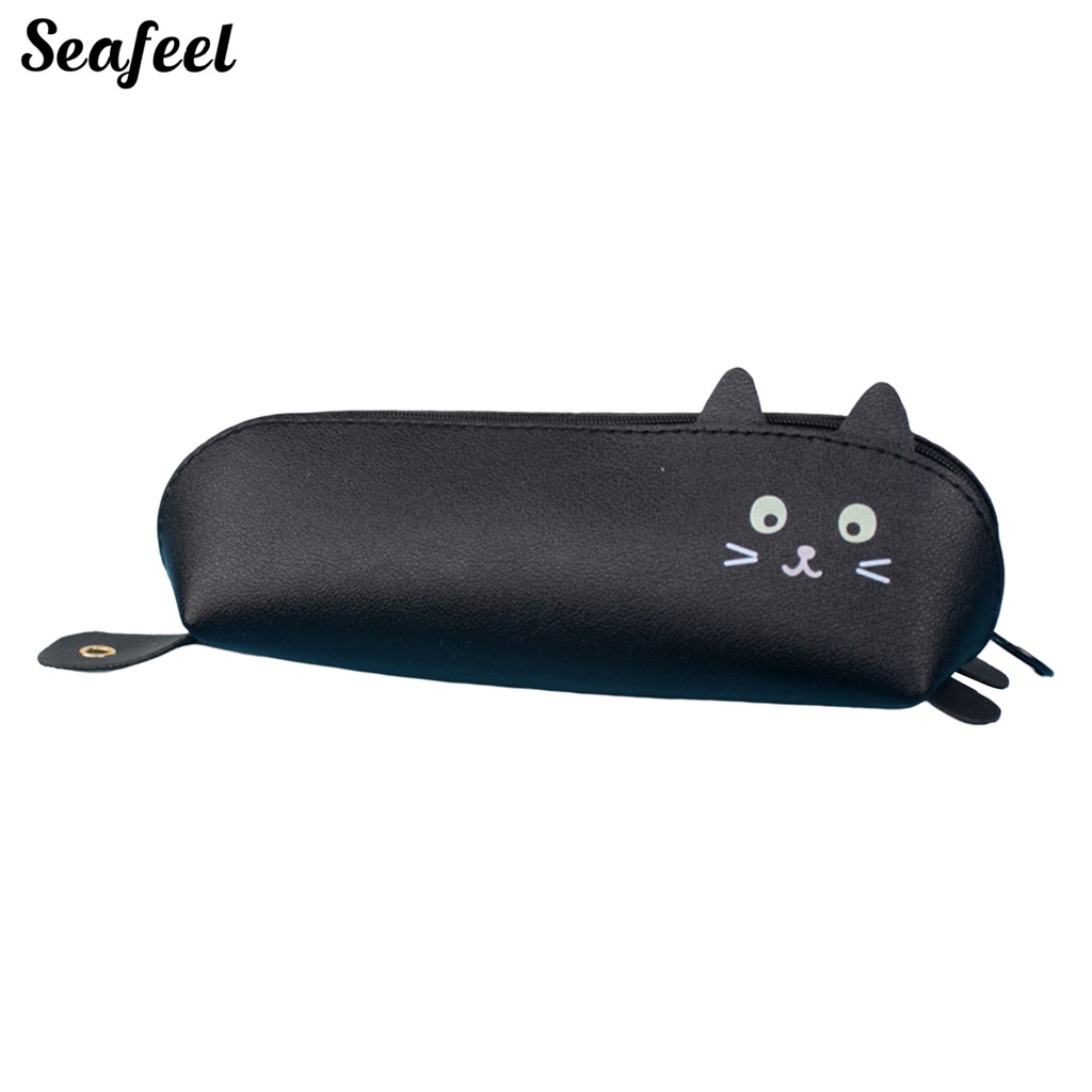 Túi Đựng Bút Giả Da Họa Tiết Mèo Biển Hoạt Hình Dễ Thương Có Khóa Kéo